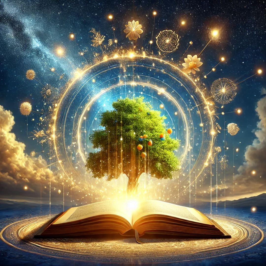 An open book illuminated beneath a tree